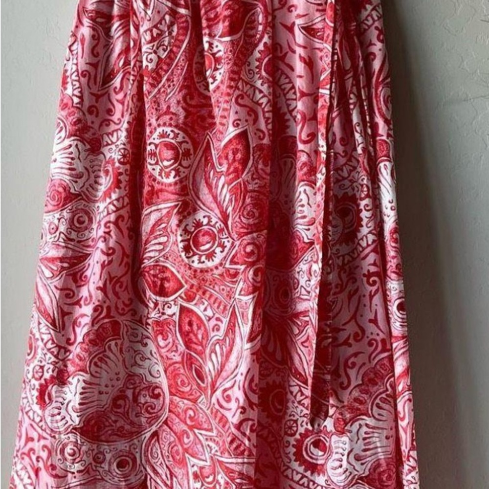 Mara Hoffman “Katrine” Red and White A-Line wrap Midi Skirt with Tie Front